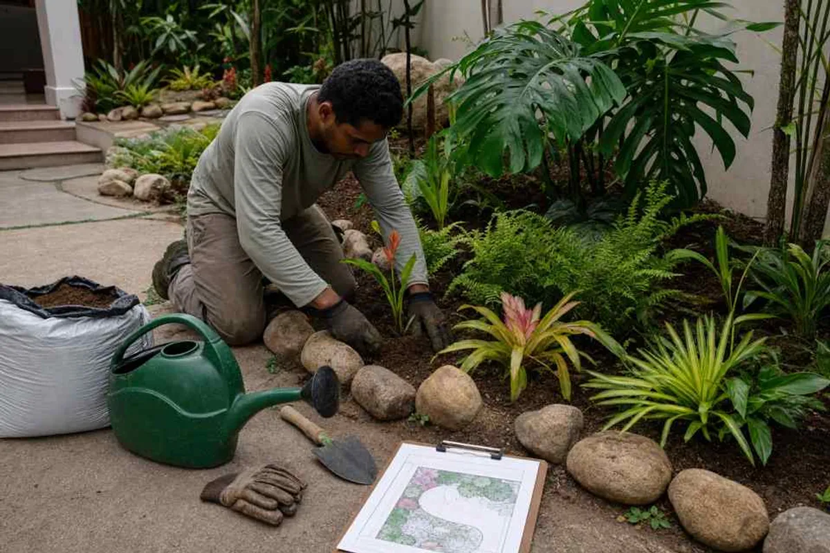 Paisagista organizando mudas e elementos de jardim em projeto residencial no Rio Vermelho