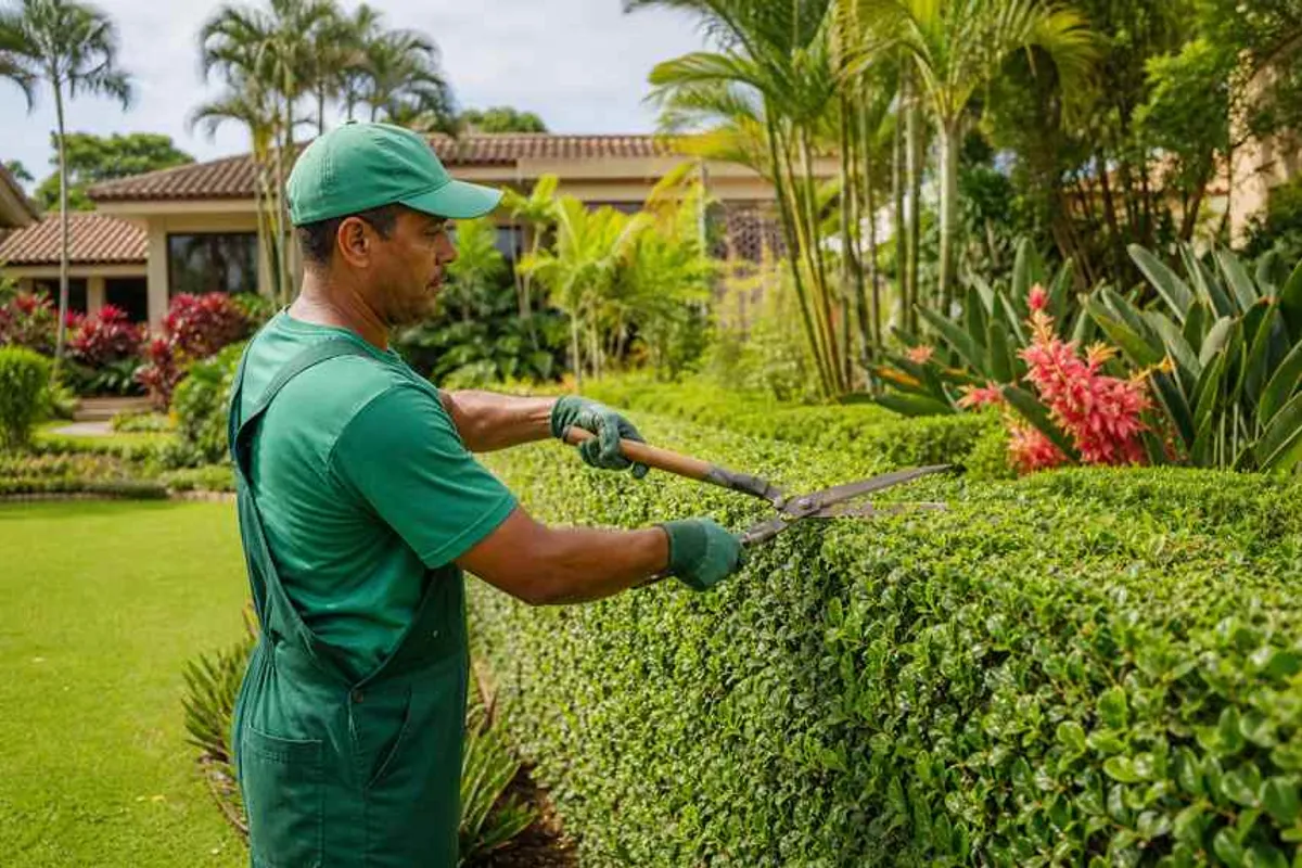Jardineiro profissional aparando cerca-viva em jardim residencial na Amaralina