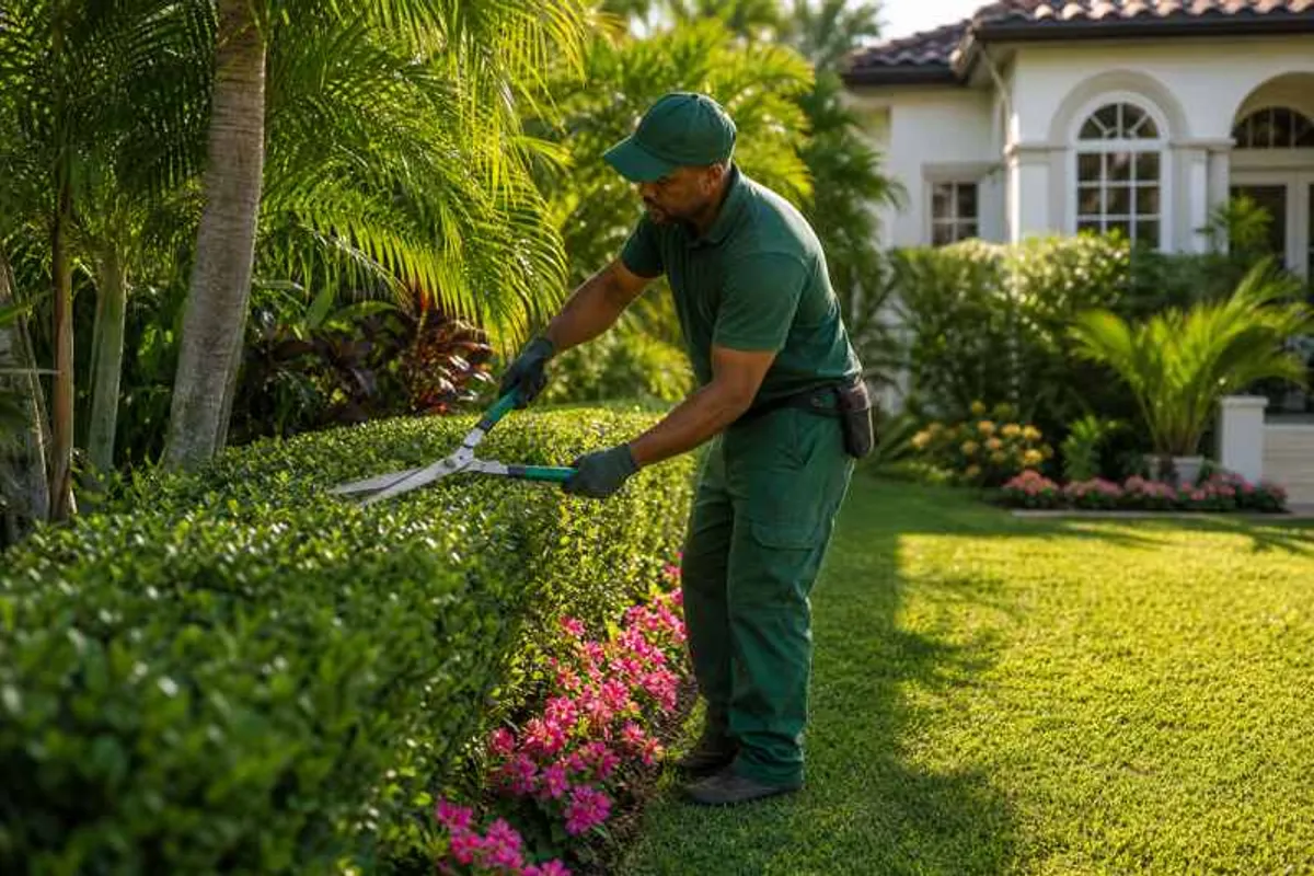Jardineiro profissional aparando cerca-viva em jardim residencial na Vitória
