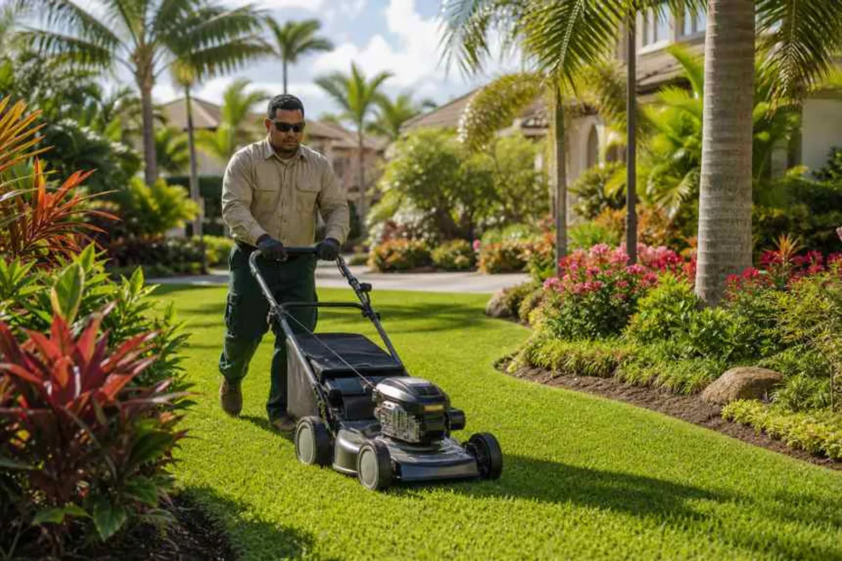 Paisagista cortando grama de gramado saudável em jardim residencial no Garcia, Salvador
